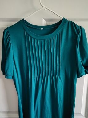 Solid Teal Scoop Neck Top With Puffy Sleeves